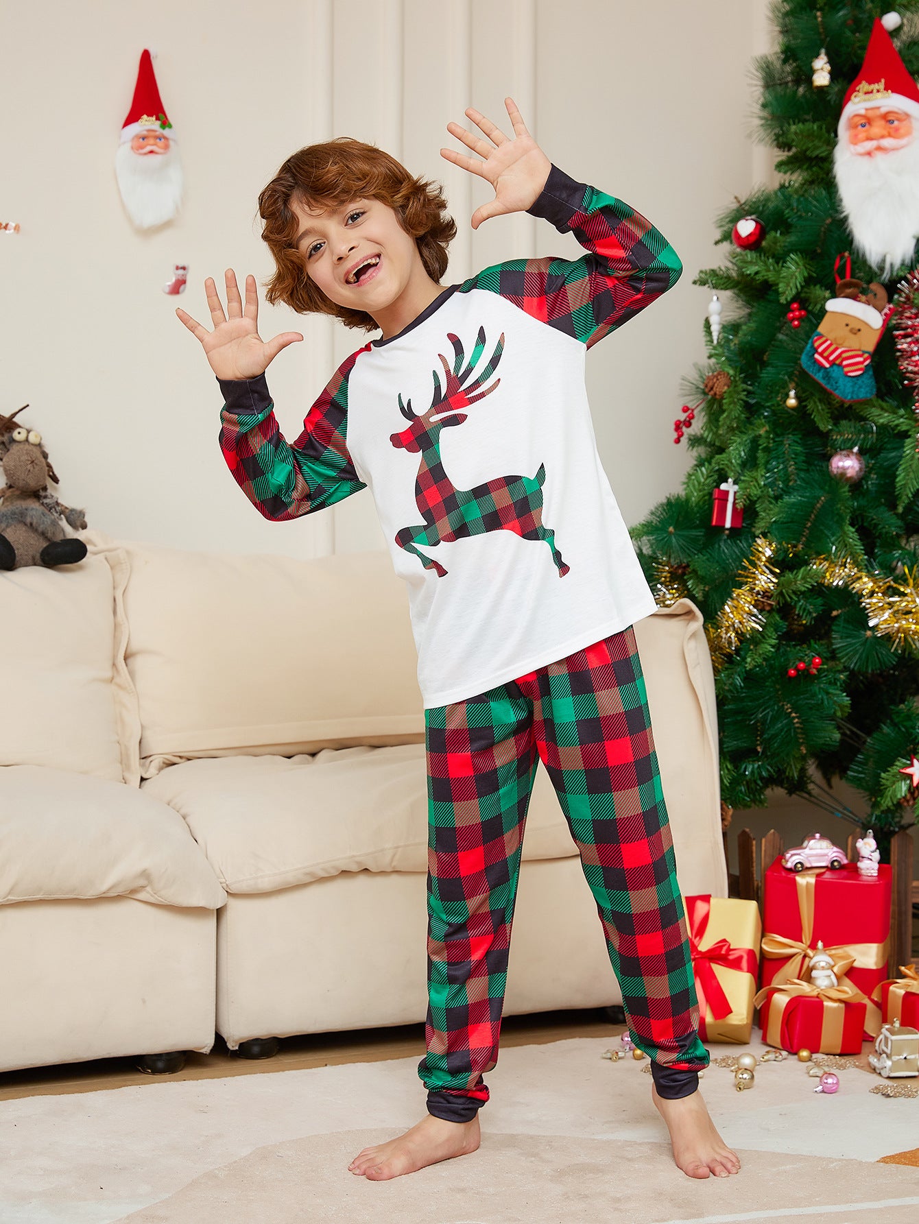 Christmas Parent-child Cartoon Elk Plaid Printed Pajamas Set