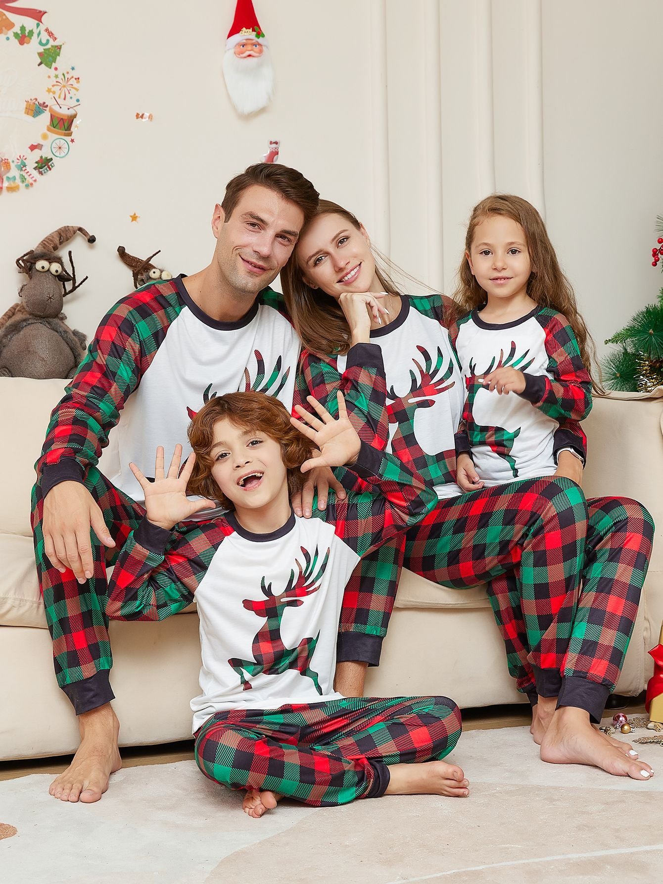 Christmas Parent-child Cartoon Elk Plaid Printed Pajamas Set