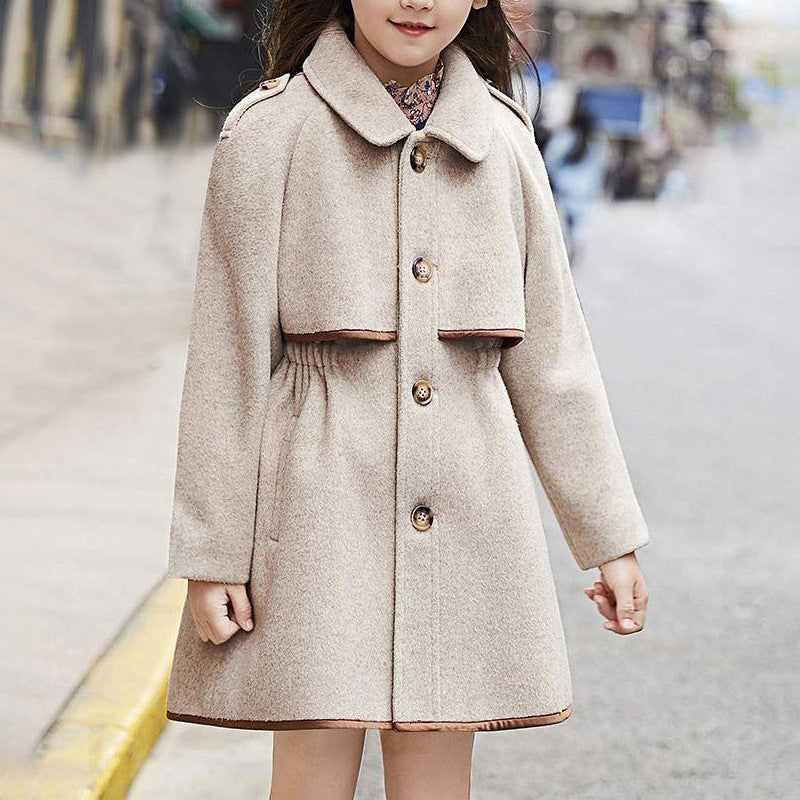 Older Children's Solid Color Woolen Coat, British Fashion Mid-length Coat, Waist Thickened - Tokcobstore