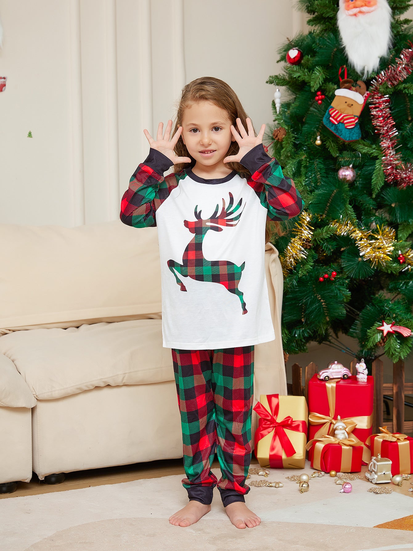 Christmas Parent-child Cartoon Elk Plaid Printed Pajamas Set