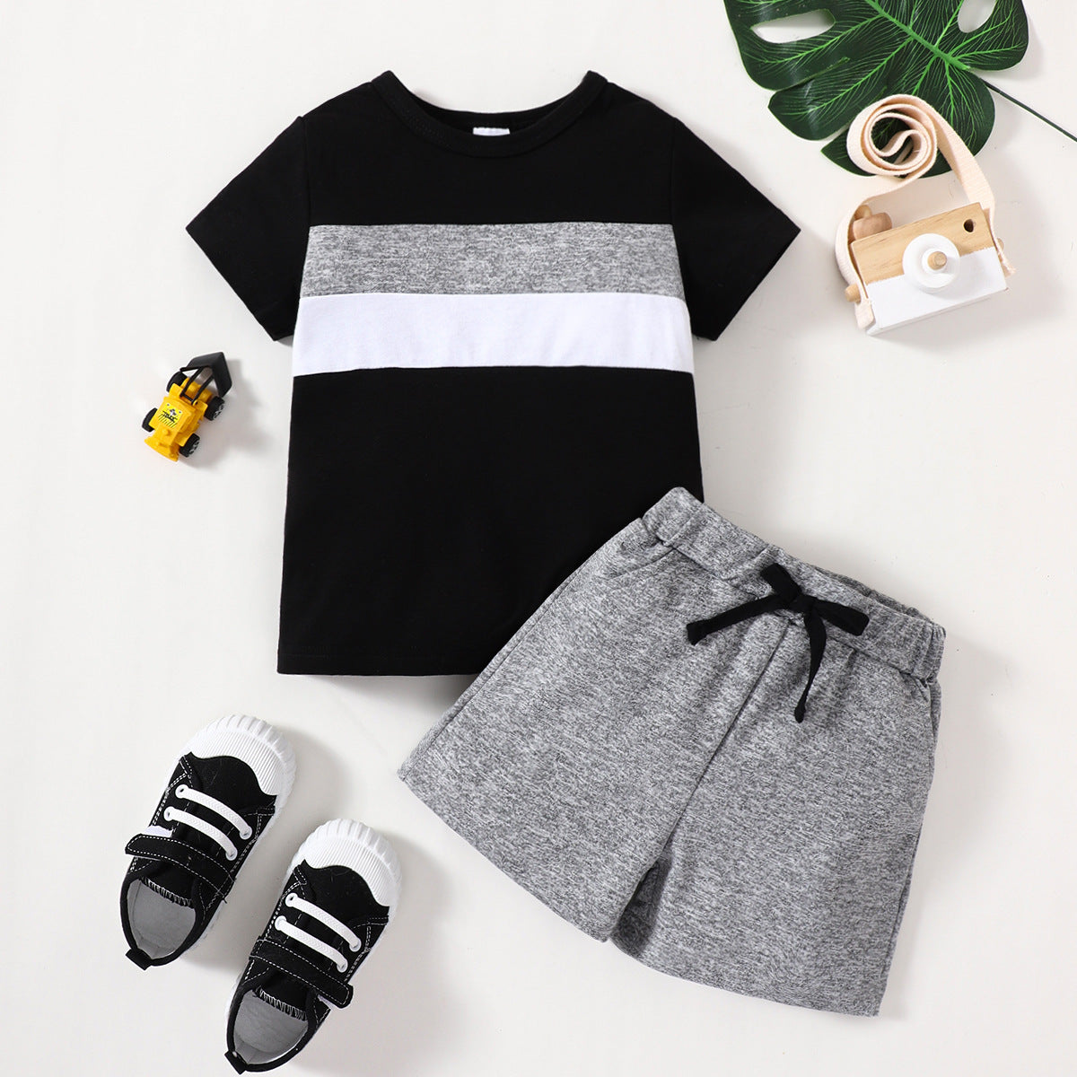 Boys' New Suit Color-block Crew Neck Short-sleeved Shirt Short Gray Children Suit - Tokcobstore