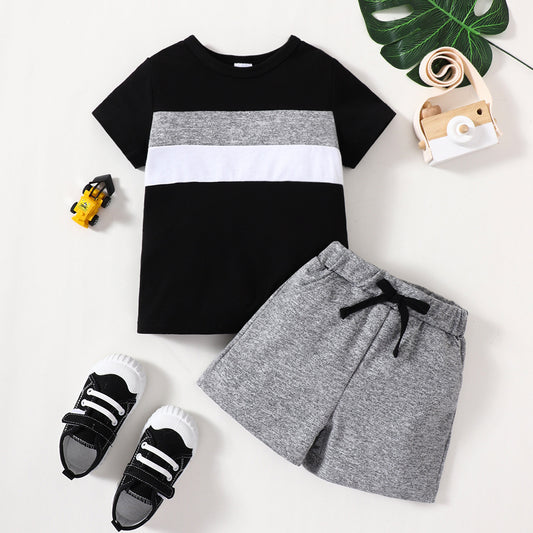 Boys' New Suit Color-block Crew Neck Short-sleeved Shirt Short Gray Children Suit - Tokcobstore