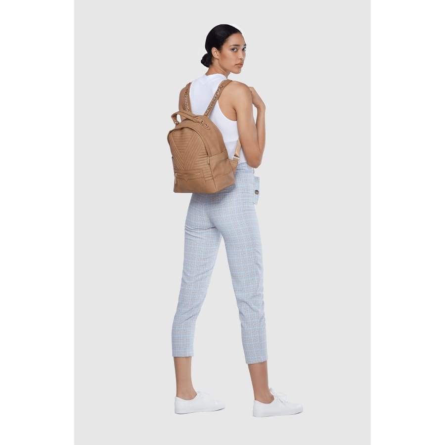 Camberwell Brown Quilted Vegan Laptop Backpack worn by a model, featuring a stylish design and adjustable straps.