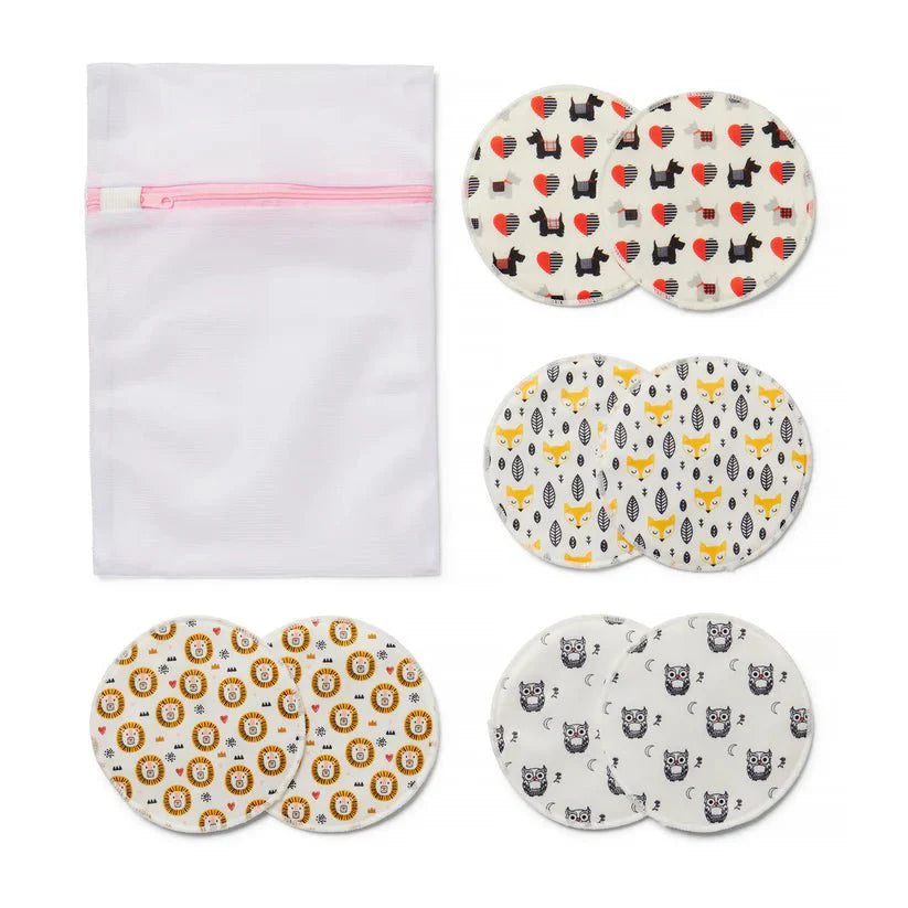Designer Bundle - 8 organic washable breast pads in various animal and heart patterns, with a pink zippered storage bag.
