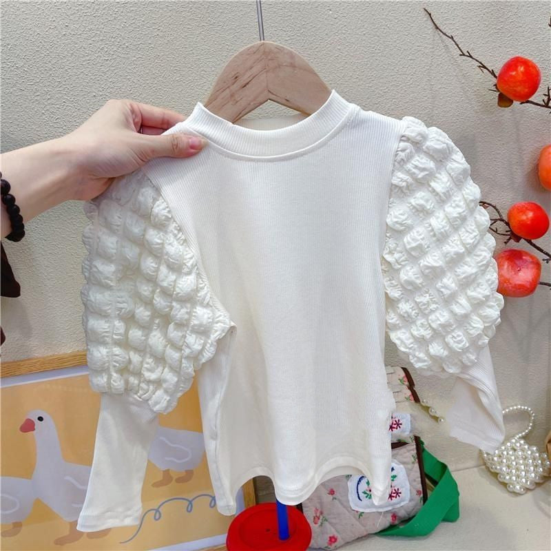 New White Shirt Top With Bubble Sleeves - Tokcobstore