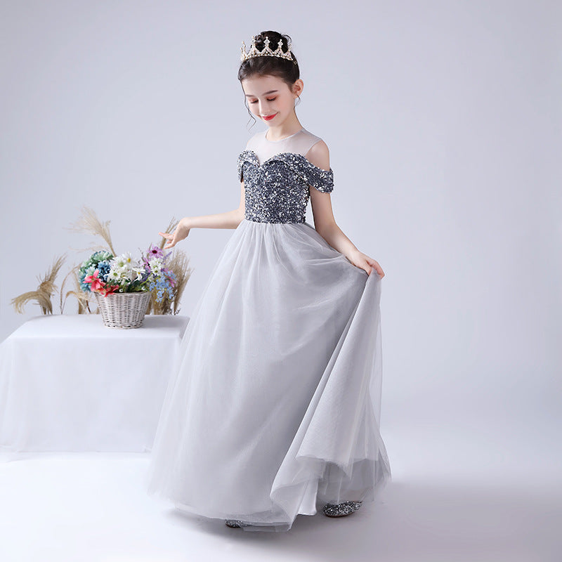 Princess Skirt Girls Net Gauze Skirt Silver Gray Playing Dress