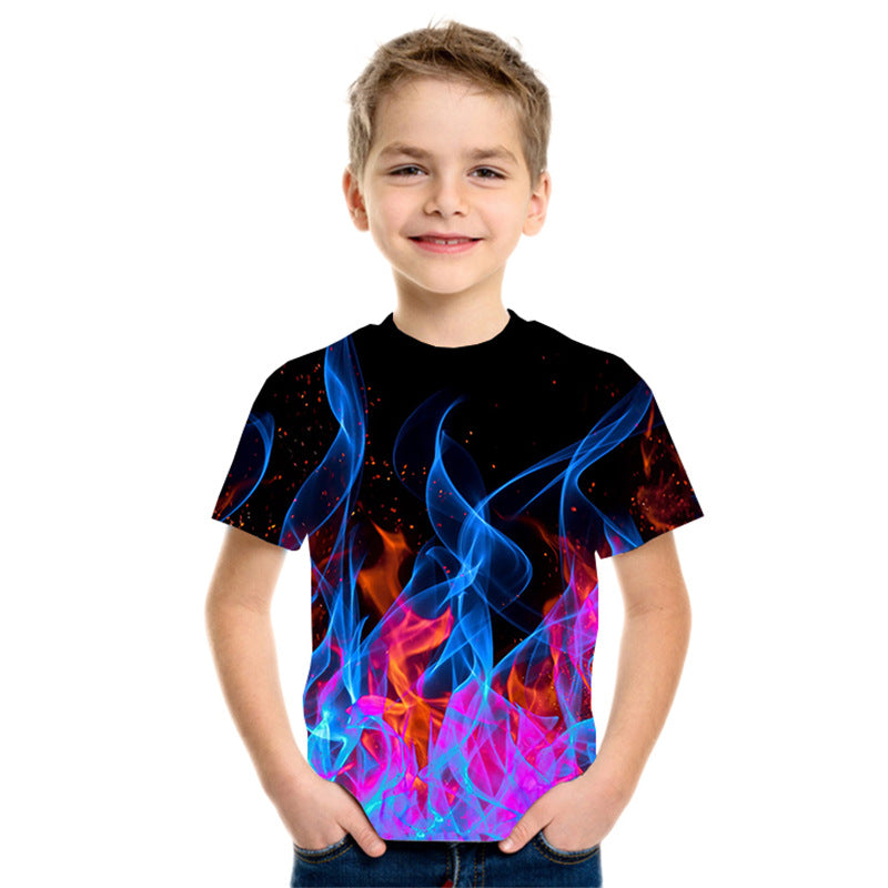 New Boys' Three-color Flame 3D Printed Short-sleeved T-shirt