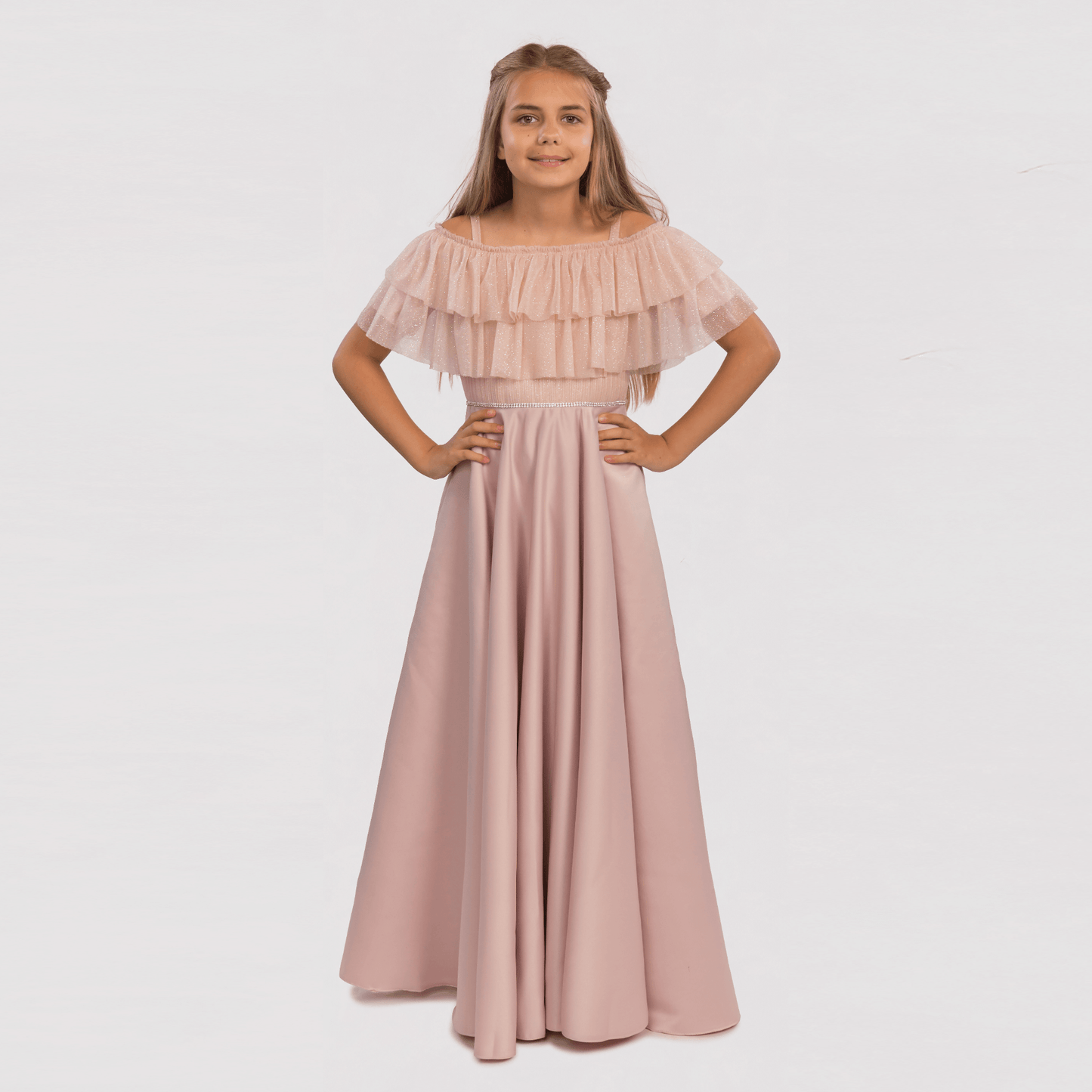 Emily's Gown Girls Formal Dress features a pink floor-length skirt with a ruffled off-the-shoulder bodice.