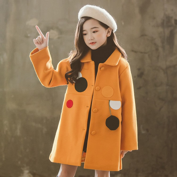Girls Padded Lapel Color Matching Polka Dot Woolen Coat - Tokcobstore