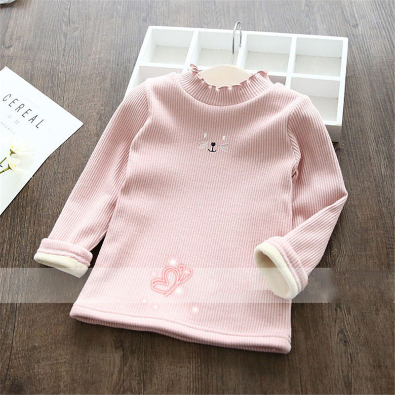 Girls' Fleece-lined Wooden Ear Thickened Thermal Bottoming Shirt