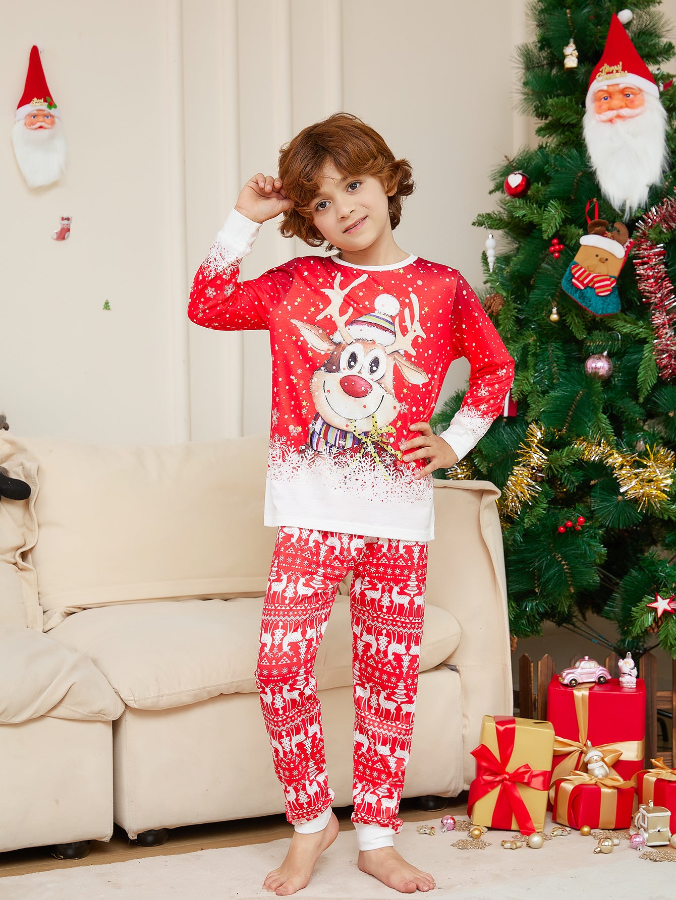 Christmas Cartoon Reindeer Print Parent-child Christmas Suit Pajamas