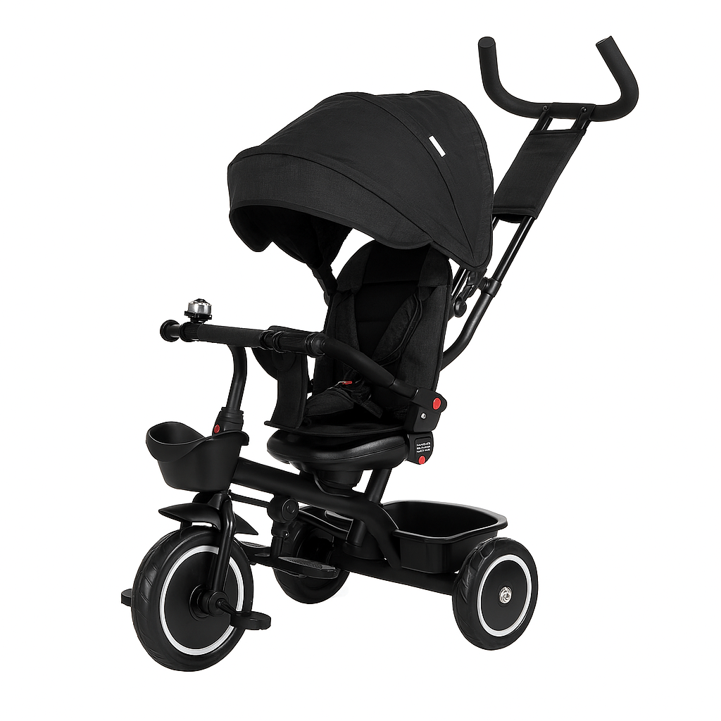 Foryourlittleone 6 in 1 Trike V3 in black, suitable for ages 9 months to 5 years, featuring a canopy and adjustable handle.