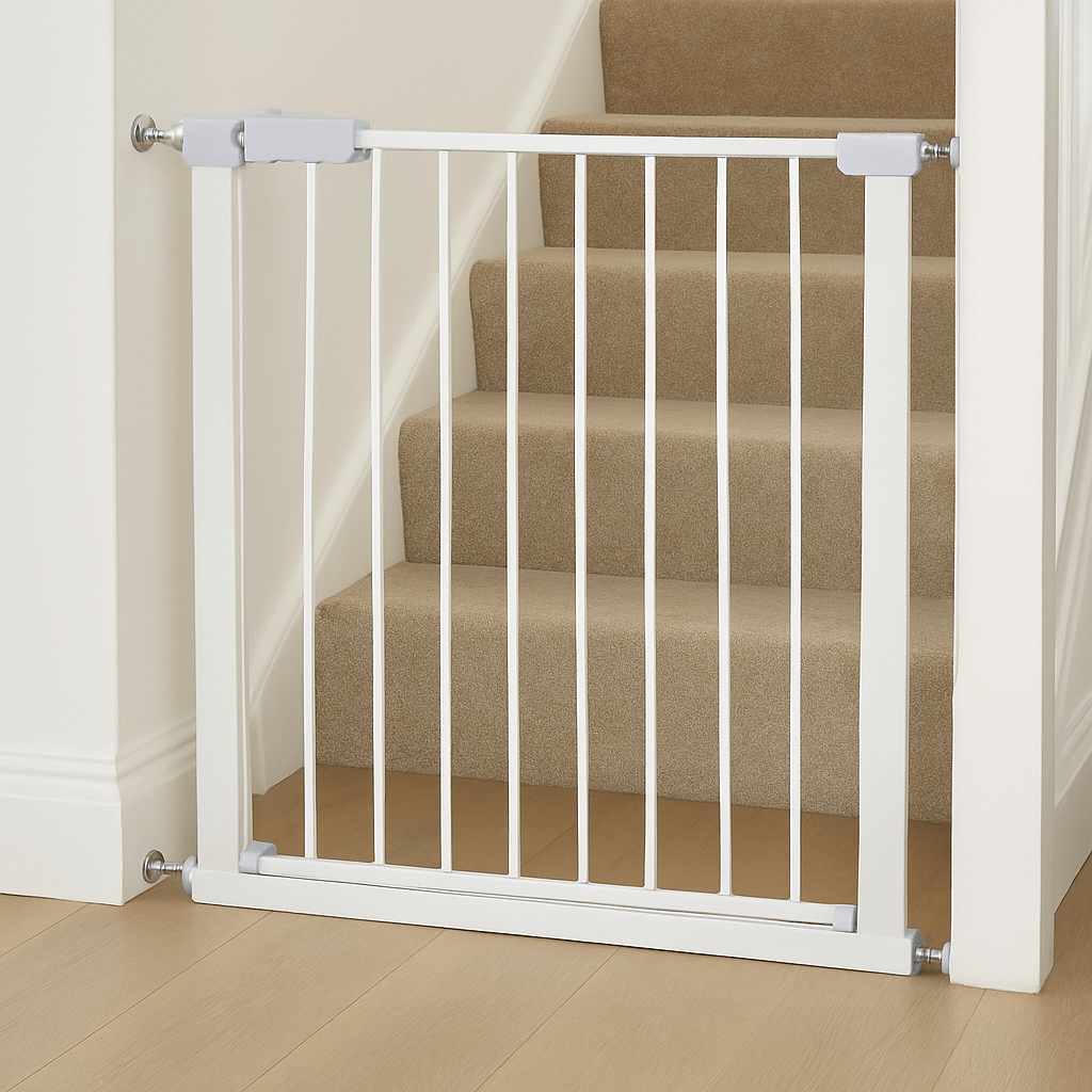 FYLO Baby Safety Stair Gate Pressure Fit Extra Wide, white gate installed at the top of stairs, featuring vertical bars and a