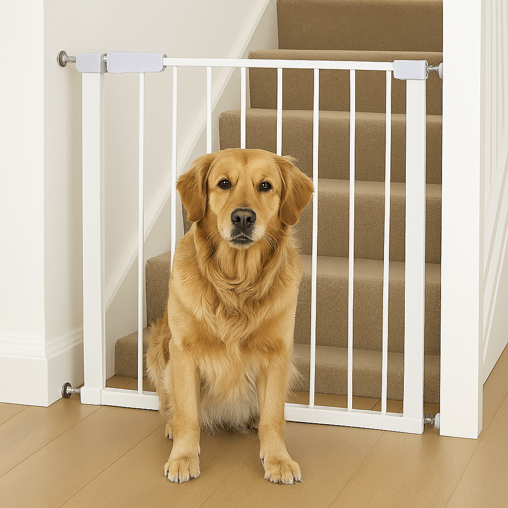 FYLO Baby Safety Stair Gate Pressure Fit Extra Wide, white gate with vertical bars, blocking stairs, dog sitting in front.