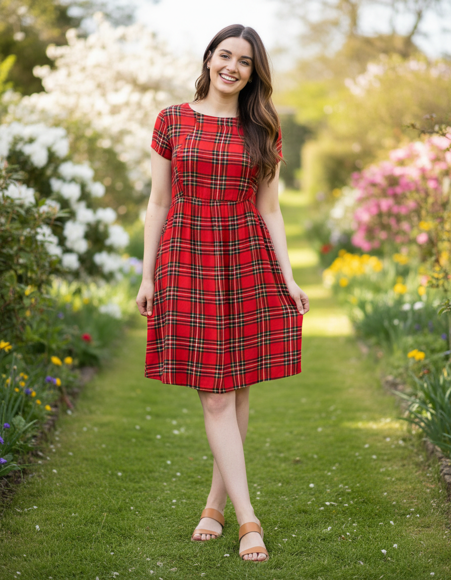 Knee length red tartan cotton breastfeeding dress, featuring a fitted bodice and flared skirt, worn by a smiling woman outdoo