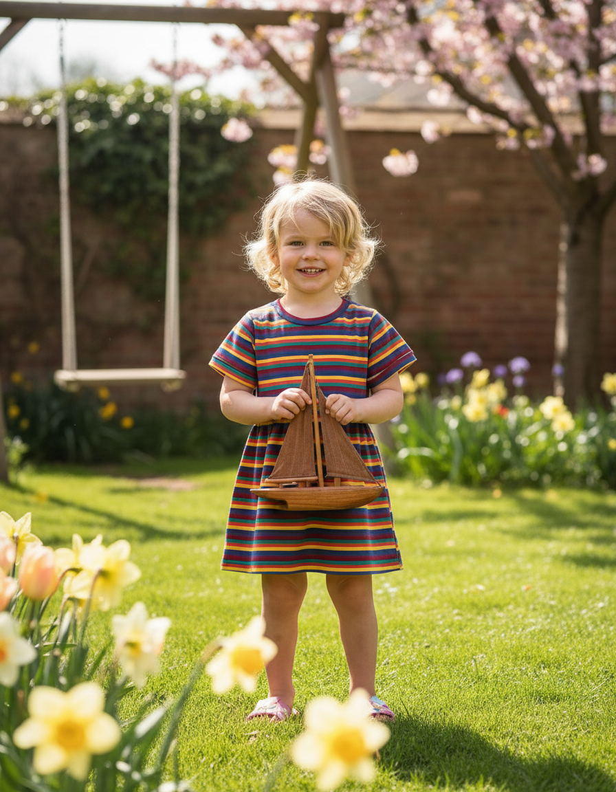 Hazel Rainbow Super Soft Cotton Baby Child Dress featuring colorful stripes, worn by a smiling girl holding a wooden sailboat