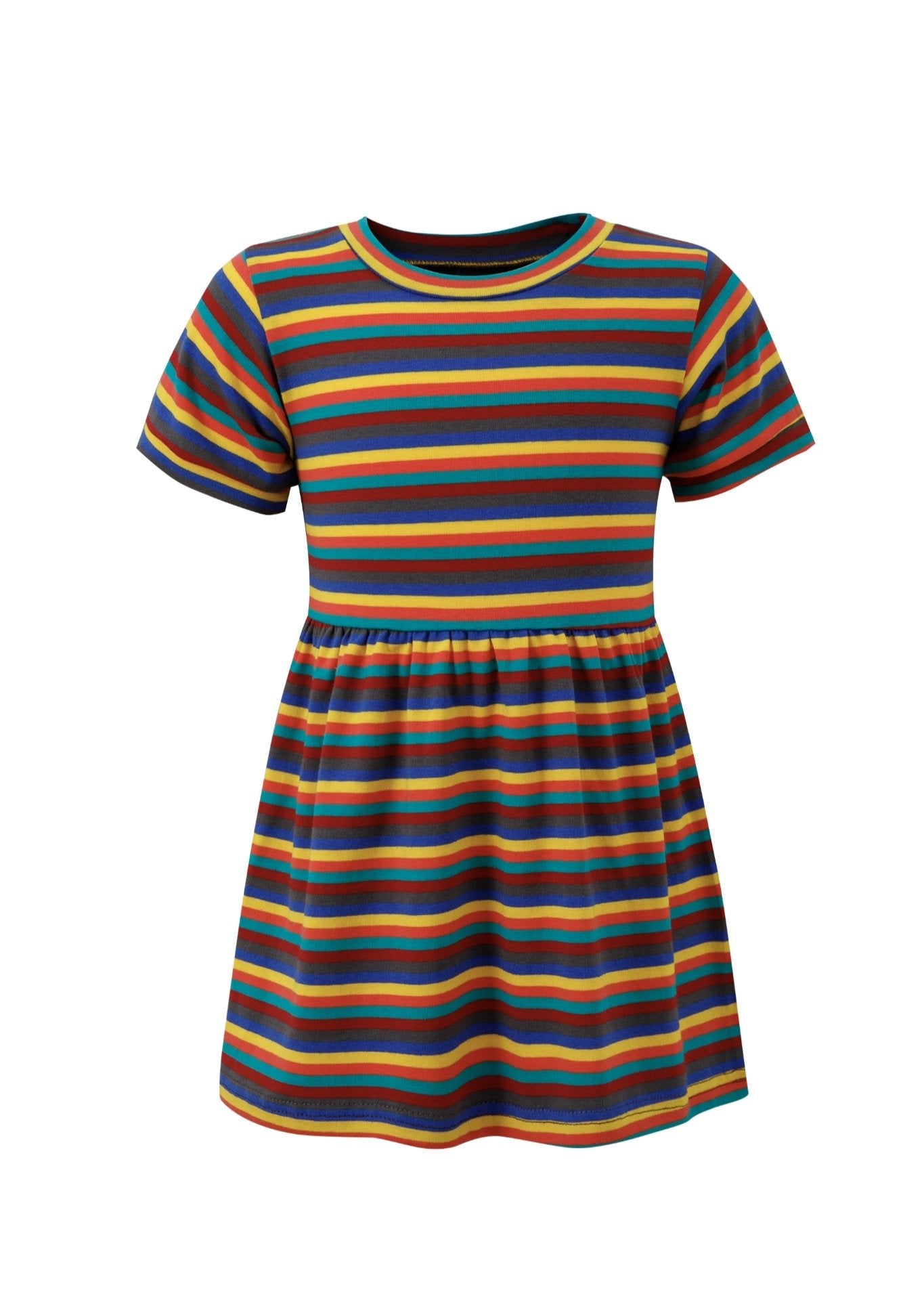 Hazel Rainbow Super Soft Cotton Baby Child Dress featuring colorful horizontal stripes and a flared skirt design.