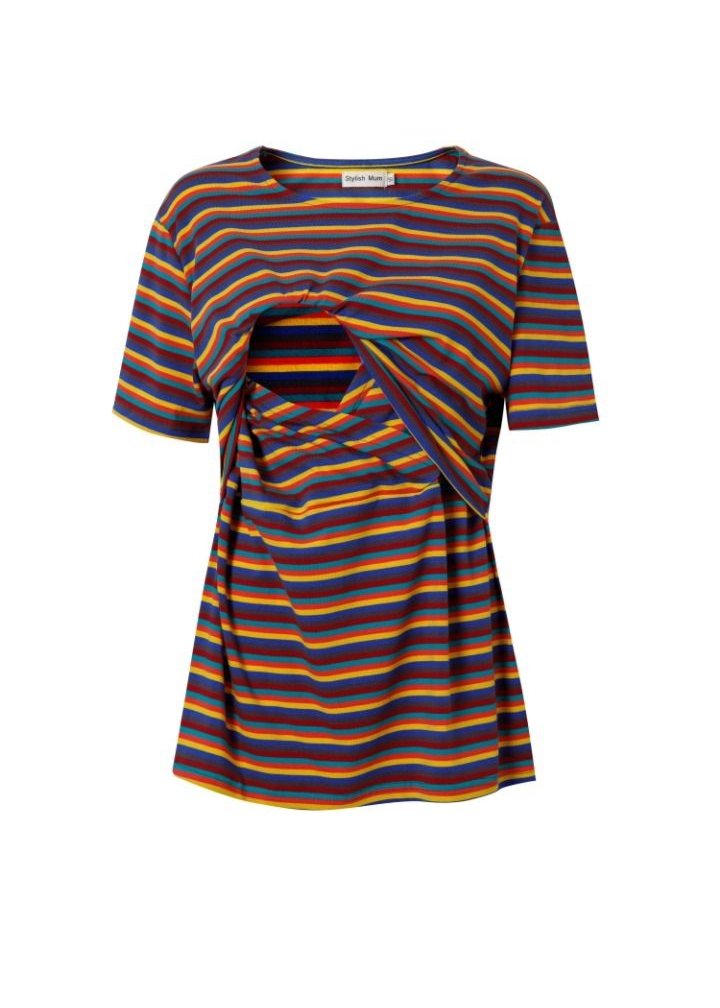 Hazel Stripe Breastfeeding Top featuring a colorful striped design with a twist front for easy nursing access.