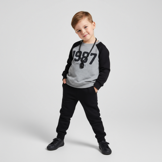 1987 Boys Joggers Set featuring a gray and black long-sleeve top with "1987" print and black joggers, styled with sneakers.