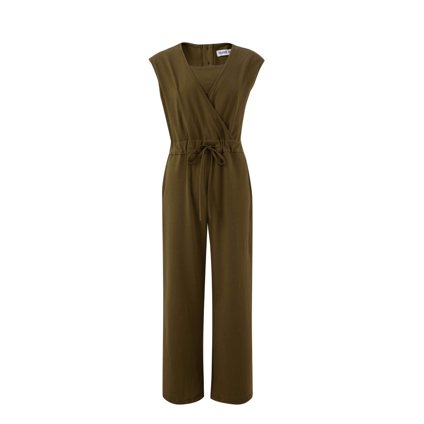 Breastfeeding Jumpsuit in Kerry Cotton Khaki, featuring a wrap design, sleeveless style, and adjustable tie waist.