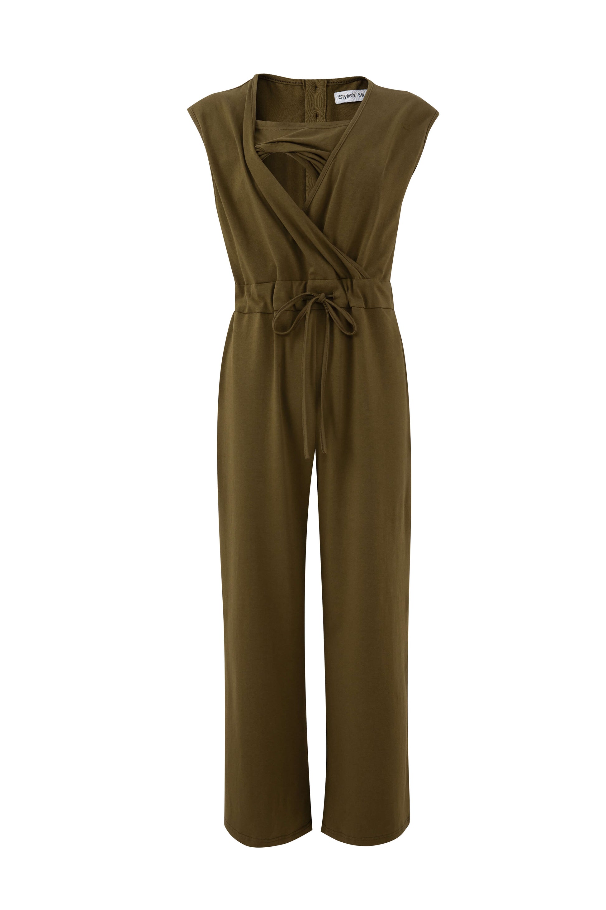 Breastfeeding Jumpsuit in Kerry Cotton Khaki, featuring a wrap design, tie waist, and wide-leg silhouette.