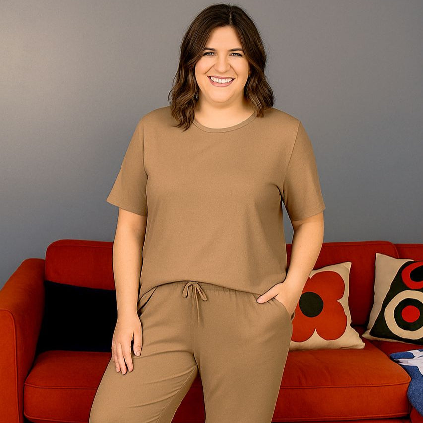 Mocha Luxurious Cotton Breastfeeding Loungewear features a short sleeve top and matching pants, perfect for comfort and style