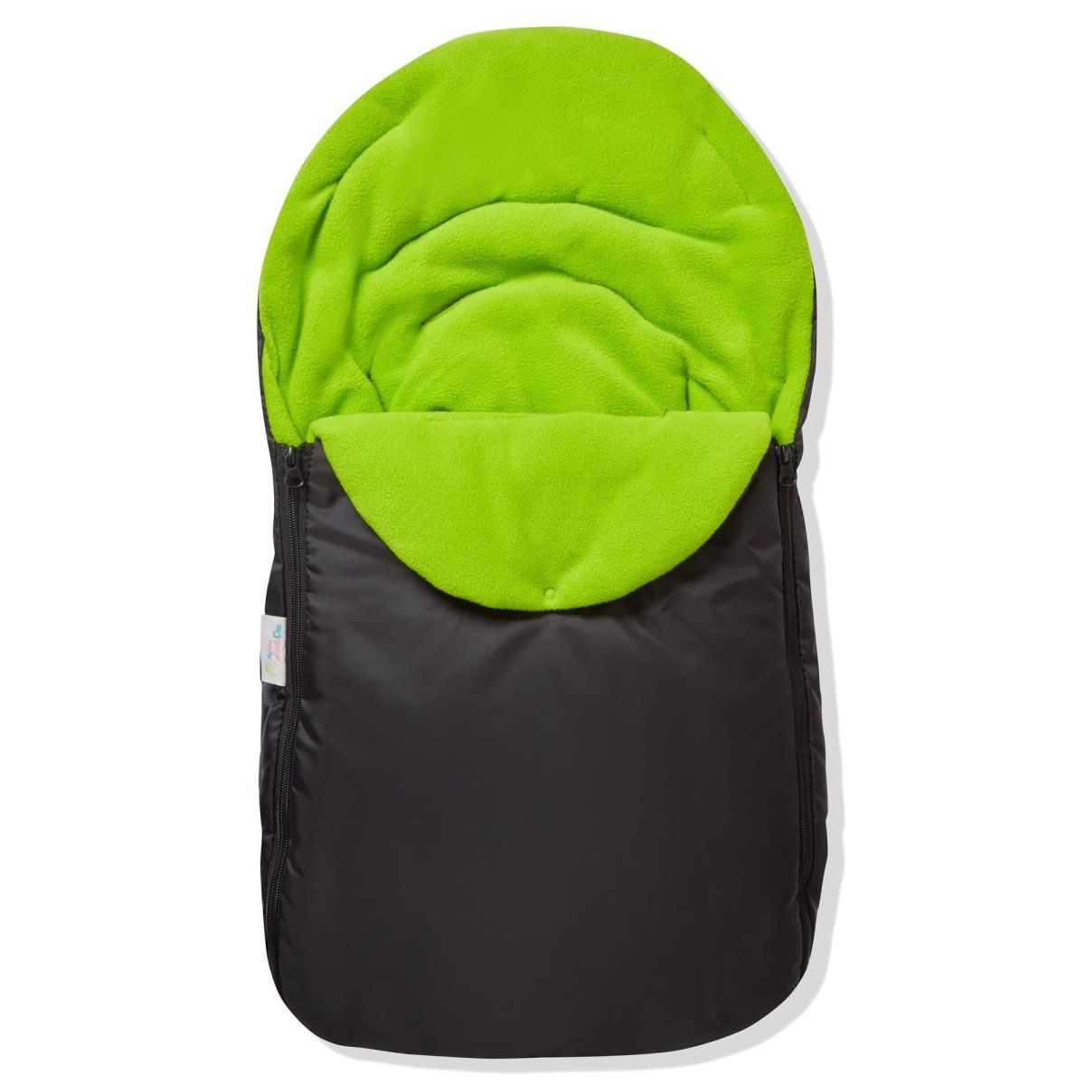 Universal Car Seat Footmuff in black and bright green, designed to fit 3 and 5 point harnesses for added warmth.