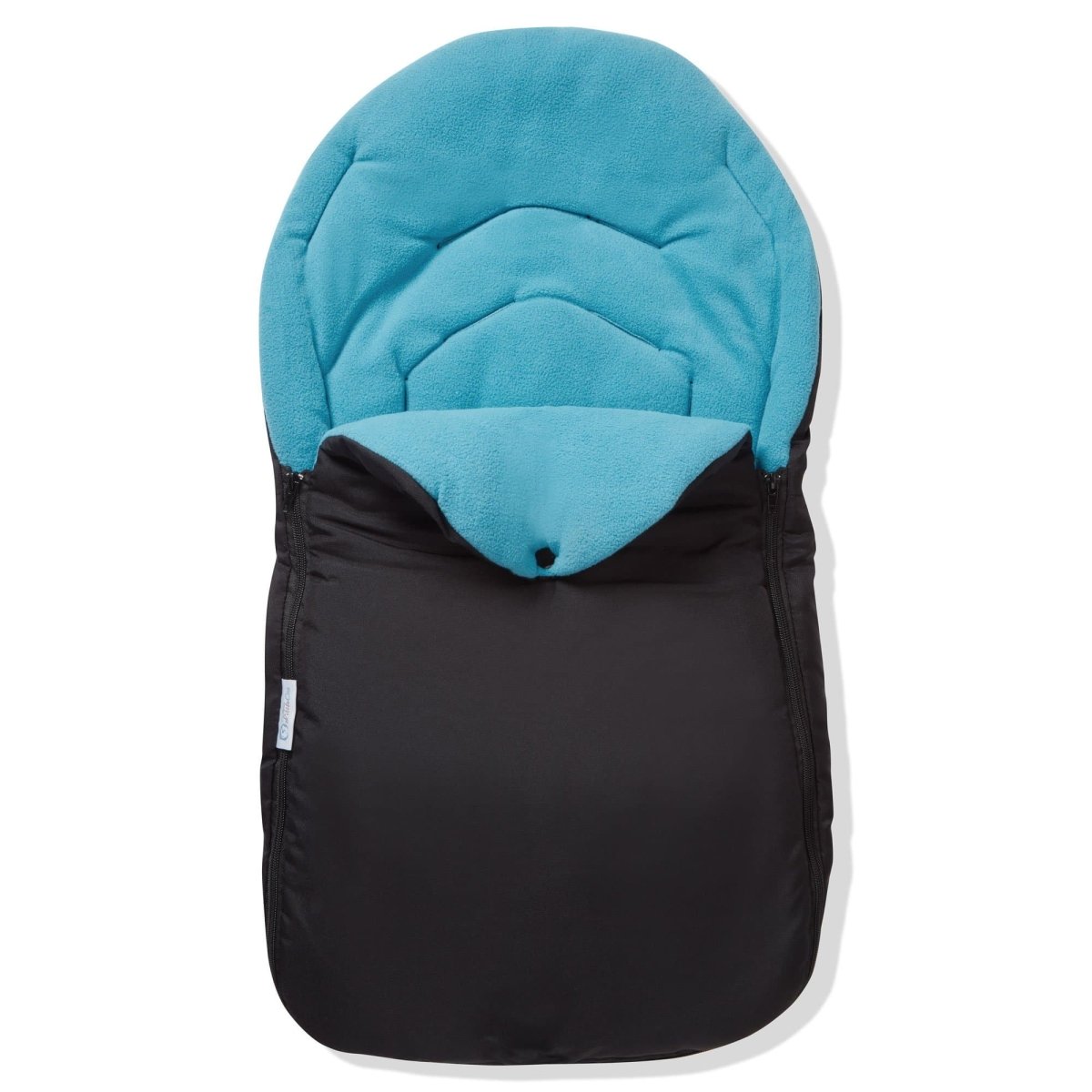 Universal Car Seat Footmuff in black and blue, designed for 3 and 5 point harnesses, featuring a soft fleece lining.