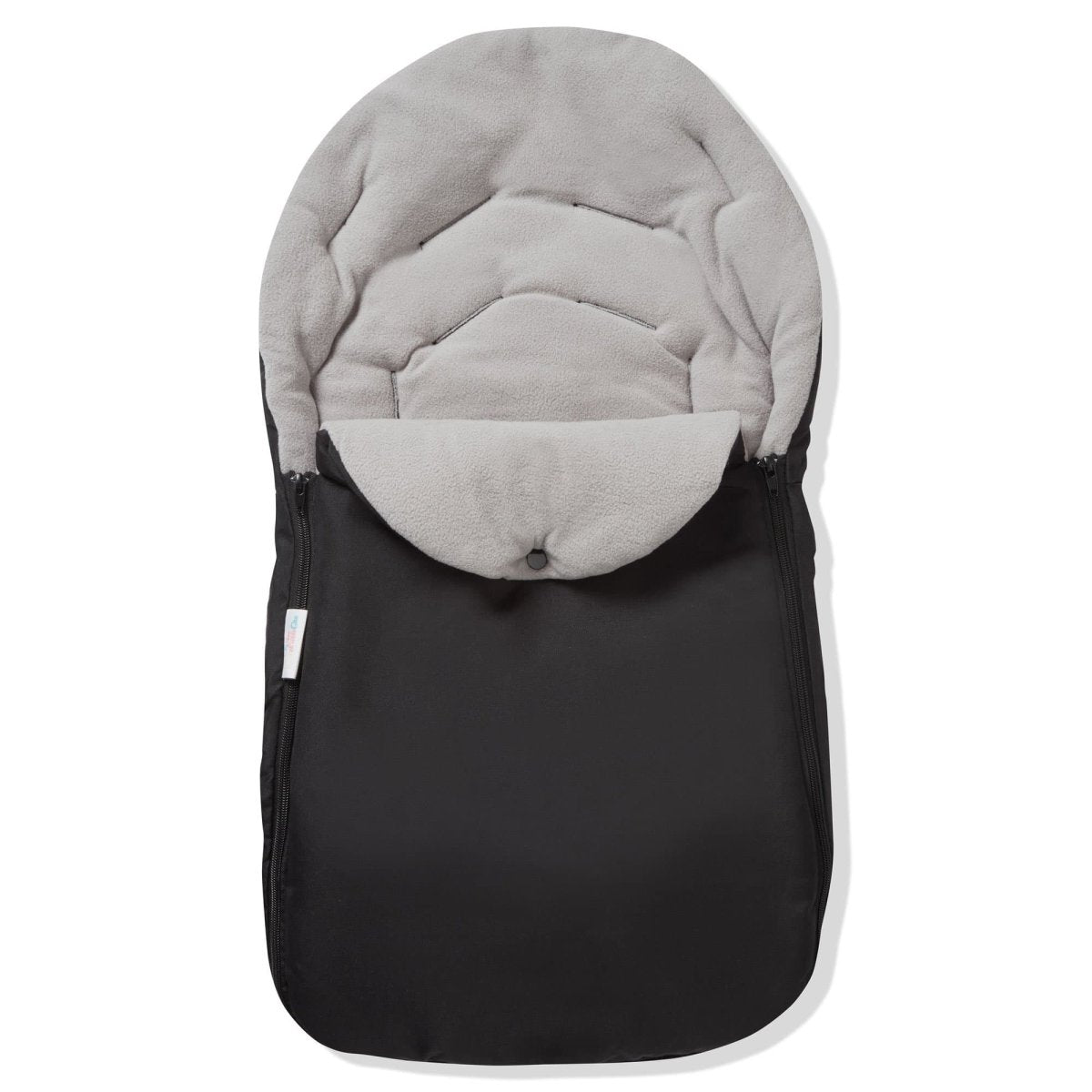 Universal Car Seat Footmuff in black with a soft grey fleece lining, designed to fit all 3 and 5 point harnesses.