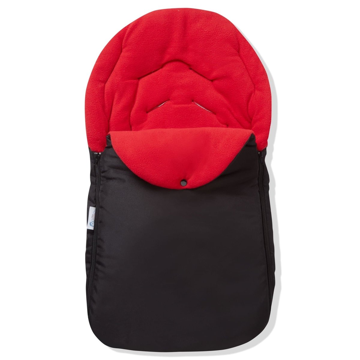 Universal Car Seat Footmuff in black and red, designed for 3 and 5 point harnesses, featuring a soft, padded interior.