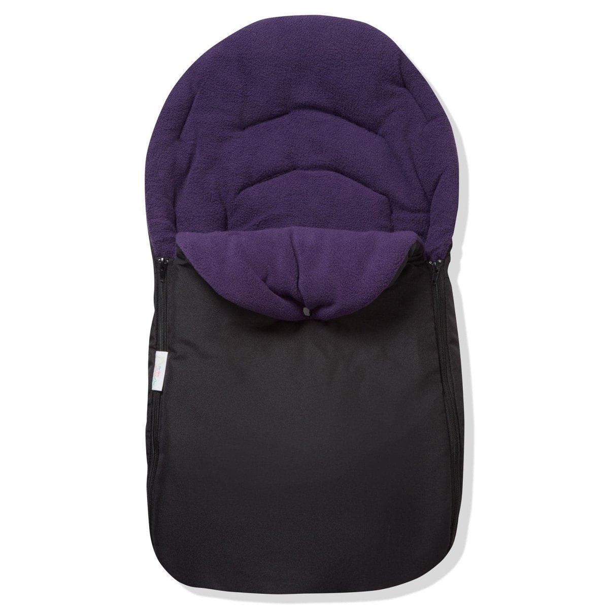 Universal Car Seat Footmuff in black and purple, designed for 3 and 5 point harnesses, featuring a cozy fleece interior.