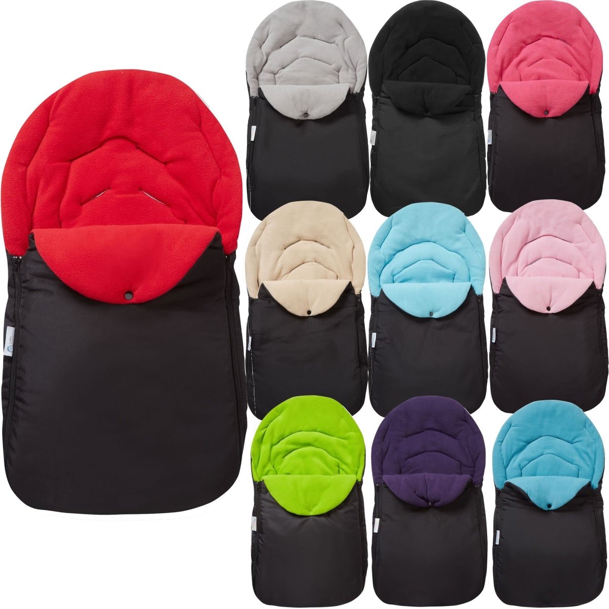 Universal Car Seat Footmuff in various colors, designed for 3 and 5 point harnesses, featuring a cozy fleece lining.