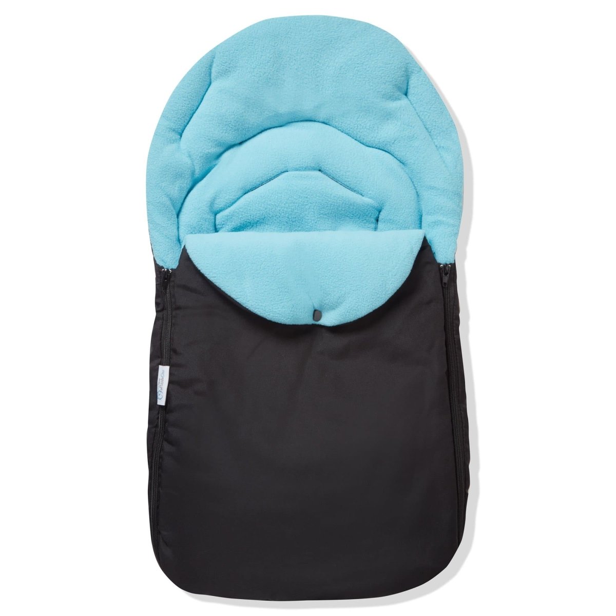 Universal Car Seat Footmuff in black and light blue, designed for 3 and 5 point harnesses, featuring a cozy fleece lining.