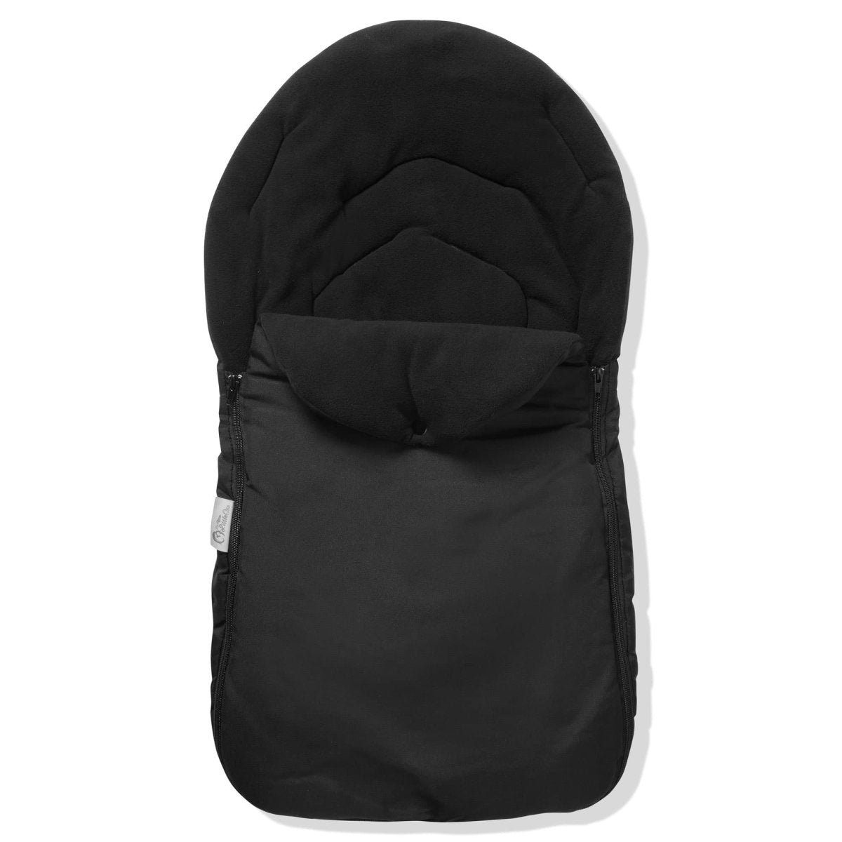 Universal Car Seat Footmuff in black, designed for 3 and 5 point harnesses, featuring a cozy, padded interior.