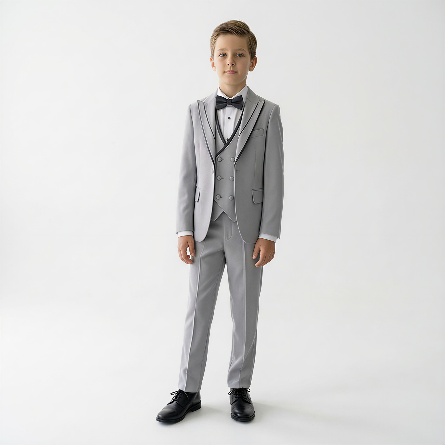 Boys Tuxedo in shades of grey featuring a double-breasted vest, bow tie, and black shoes, perfect for formal occasions.