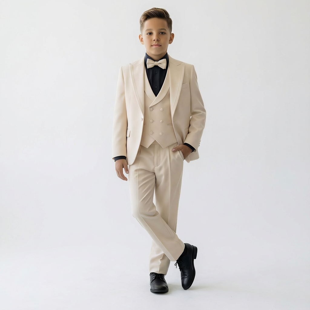 Boys' tuxedo in cream with a black bow tie, featuring a double-breasted vest and tailored pants. Perfect for formal events.