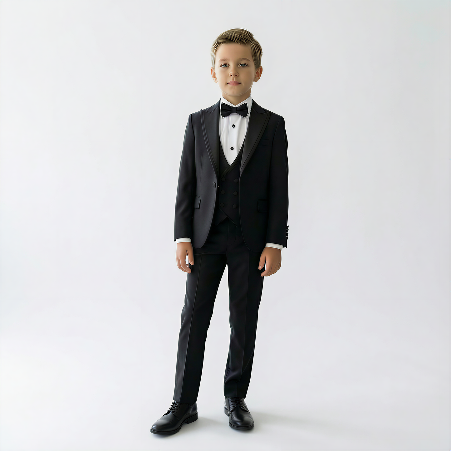 Boys' tuxedo featuring a black suit with satin lapels, white shirt, and bow tie, styled for formal occasions.