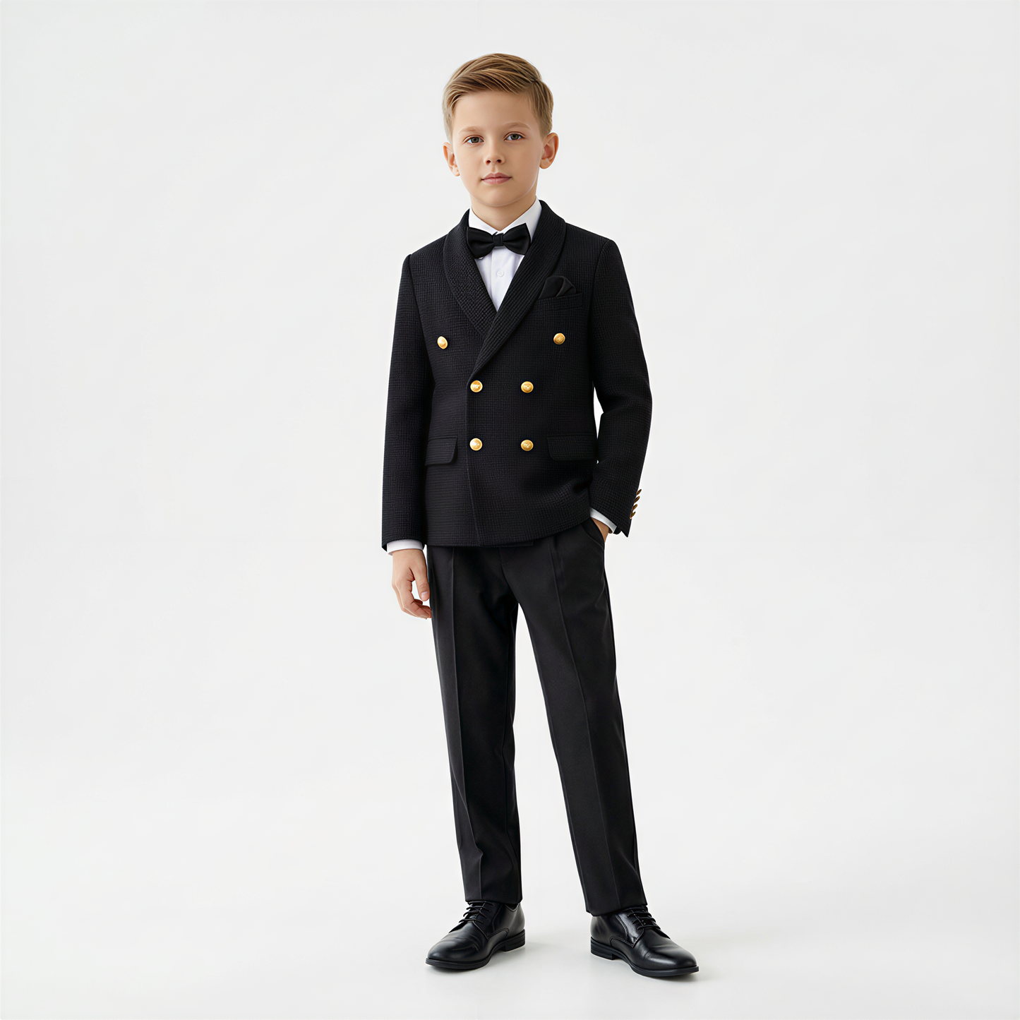 Black double-breasted boys suit with gold buttons, bow tie, and black dress shoes, perfect for formal occasions.