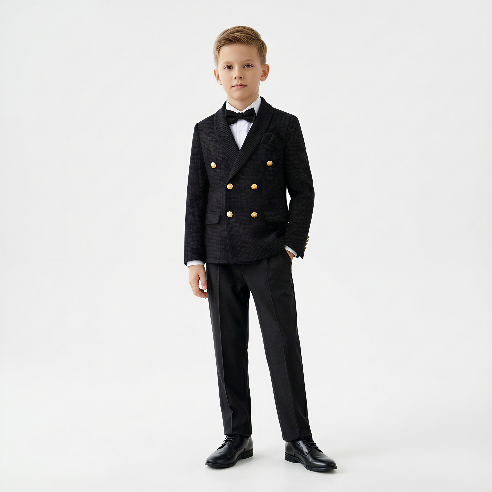 Black double-breasted boys suit with gold buttons, bow tie, and black dress shoes, perfect for formal occasions.