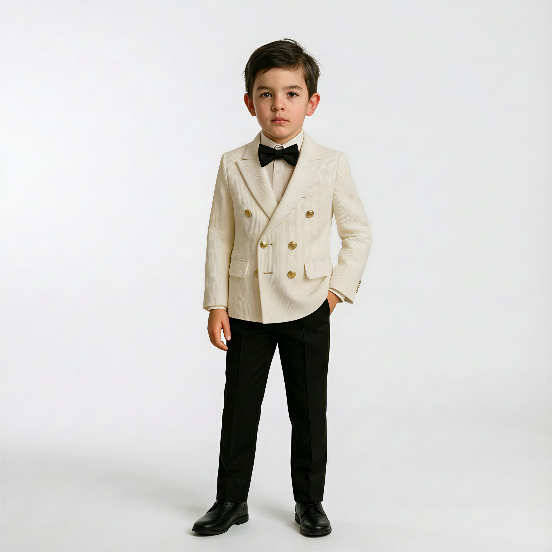 Boys' double-breasted cream suit with gold buttons, black pants, and a black bow tie, perfect for formal occasions.