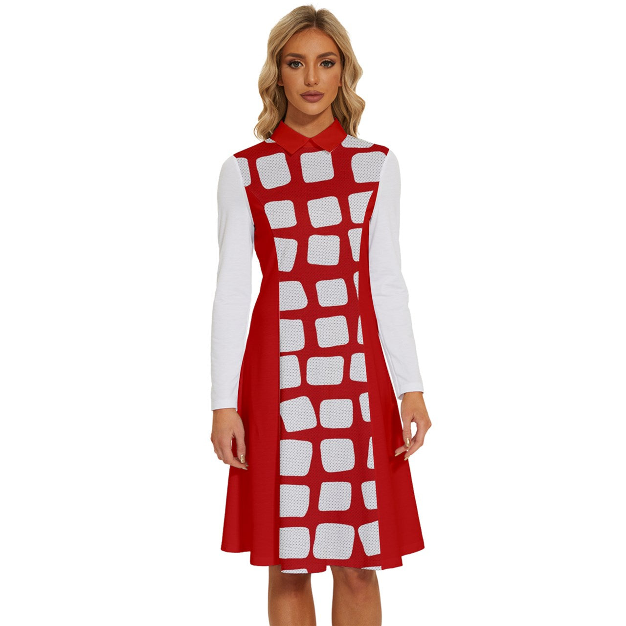 Red and White Long Sleeve Shirt Collar A-Line Dress