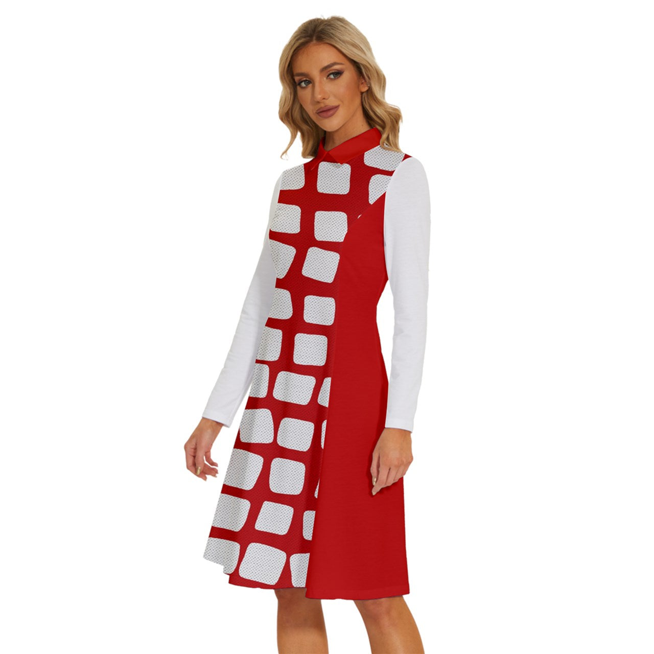 Red and White Long Sleeve Shirt Collar A-Line Dress