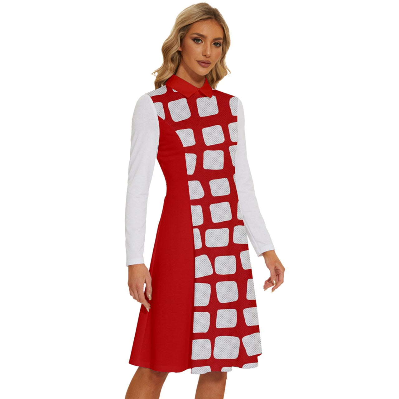 Red and White Long Sleeve Shirt Collar A-Line Dress