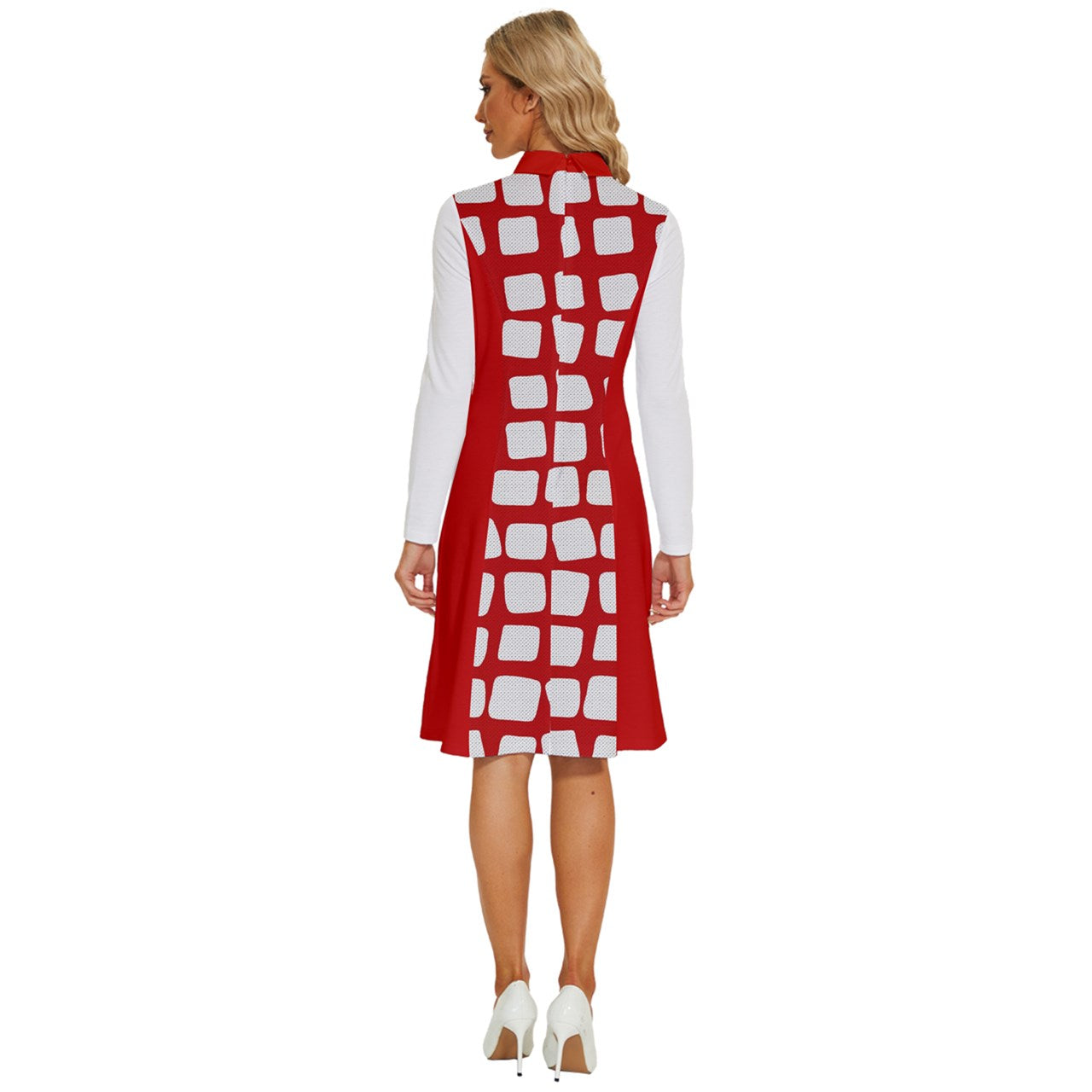 Red and White Long Sleeve Shirt Collar A-Line Dress