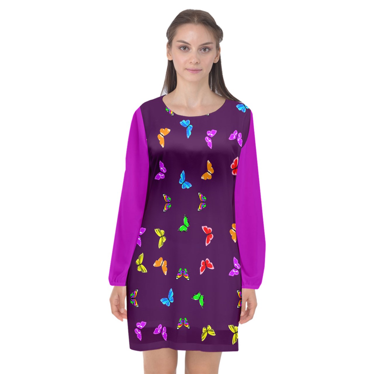 Purple Long Sleeve Chiffon Shift Butterfly Dress